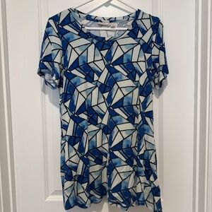 LOGO Lori Goldstein Mixed Print Blue Women Short Sleeve Top Size S